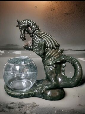 Vintage Royal Haeger Pottery Green Dragon Fish Bowl Stand Planter **RARE**